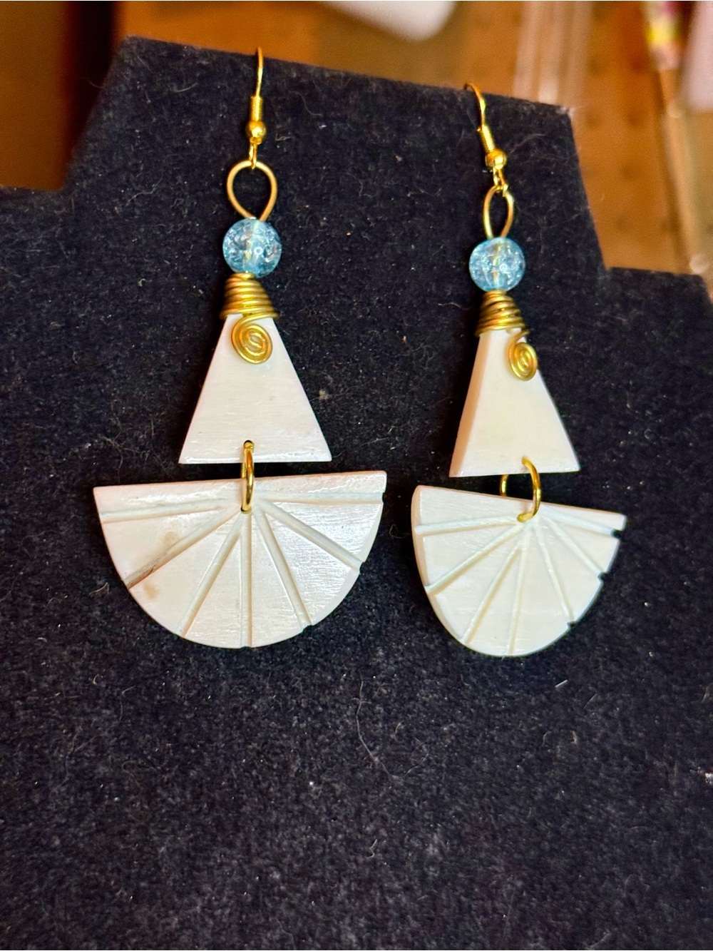 Gold-Tone White Geometric Drop Earrings with Blue Accent Bead